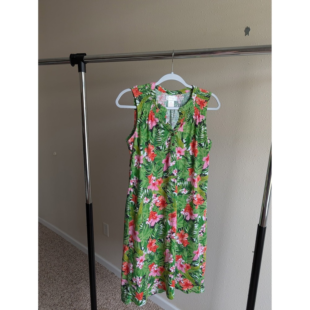 Stella Parker Tropical Floral Smocked Shift‎ Dress Green Pink Orange Size M
